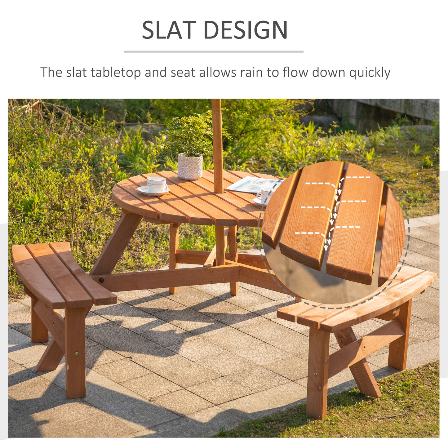 Wooden Garden Dining Set, 6 Seater Round Dining Picnic Table with Matching Bench