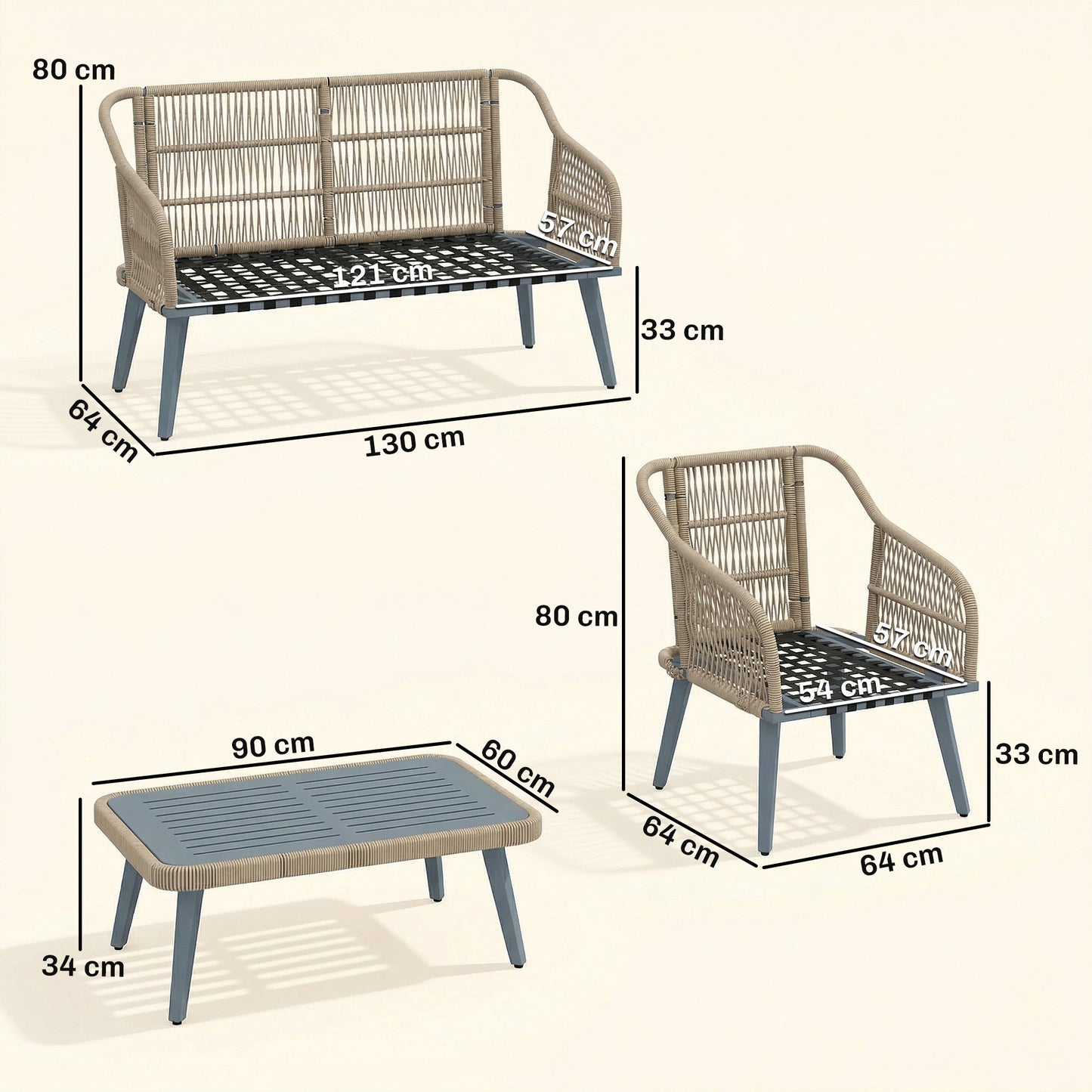 4 Piece Rattan Garden Furniture Set with Loveseat, Wicker Patio Conversation Set, Grey