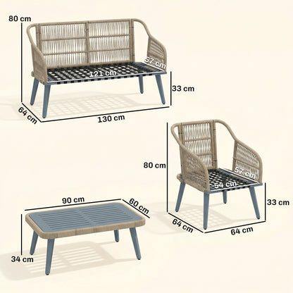 4 Piece Rattan Garden Furniture Set with Loveseat, Wicker Patio Conversation Set, Grey