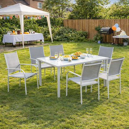 7 Piece Garden Dining Set, Outdoor Table and 6 Stackable Chairs, Steel Frame, Tempered Glass Top Table, Mesh Seats, Grey