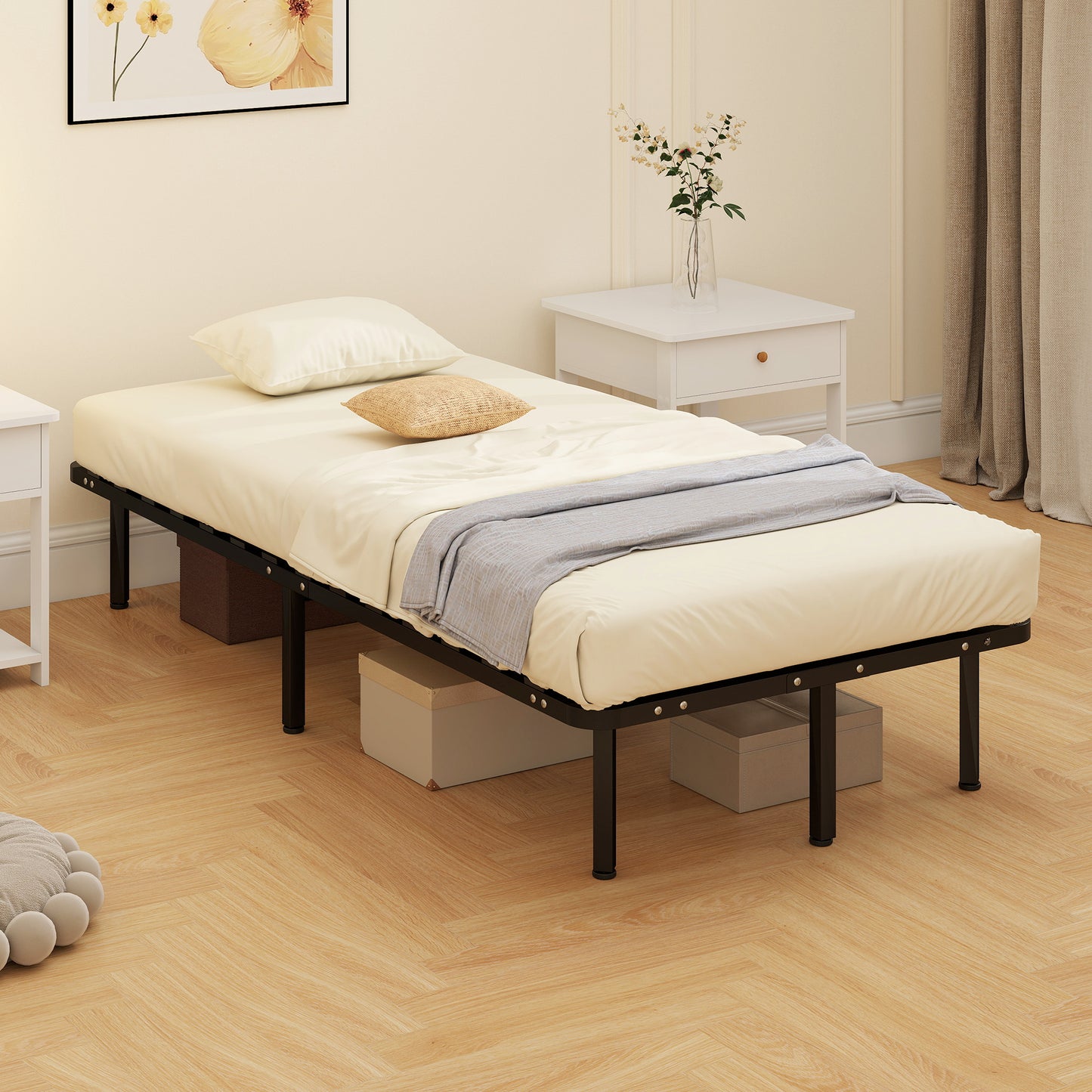 3ft Single Bed Frame, Metal Platform Bed Frame with 2 x 14 Wood Slats, No Box Spring Needed, Underbed Storage, Black