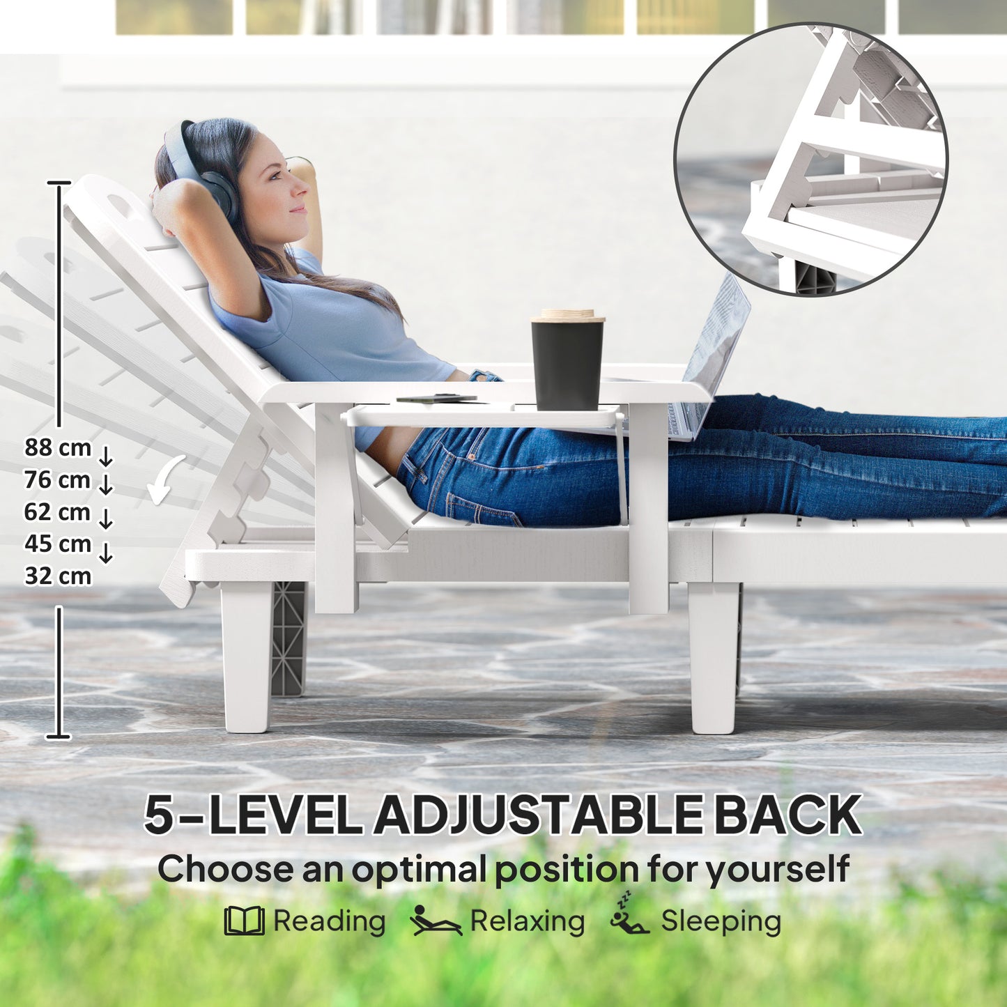 Set of 2 Reclining Sun Loungers, 5 Positions Adjustable Outdoor Chaise Lounge Chair with Armrests, White