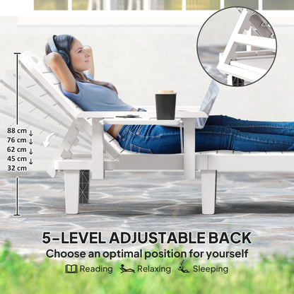 Set of 2 Reclining Sun Loungers, 5 Positions Adjustable Outdoor Chaise Lounge Chair with Armrests, White
