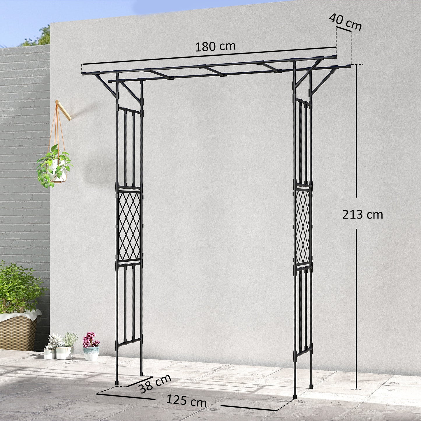 Garden Arch, PE-Coated Steel Arbour Trellis for Climbing Plants, Rose Arch, 180 x 40 x 215 cm, Black