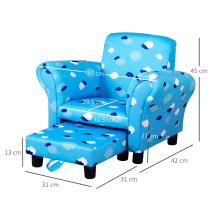 Toddler Chair Children's Armchairs Wood Frame w/ Footrest Anti-Slip Legs High Back Arms for Bedroom Playroom Cute Cloud Star