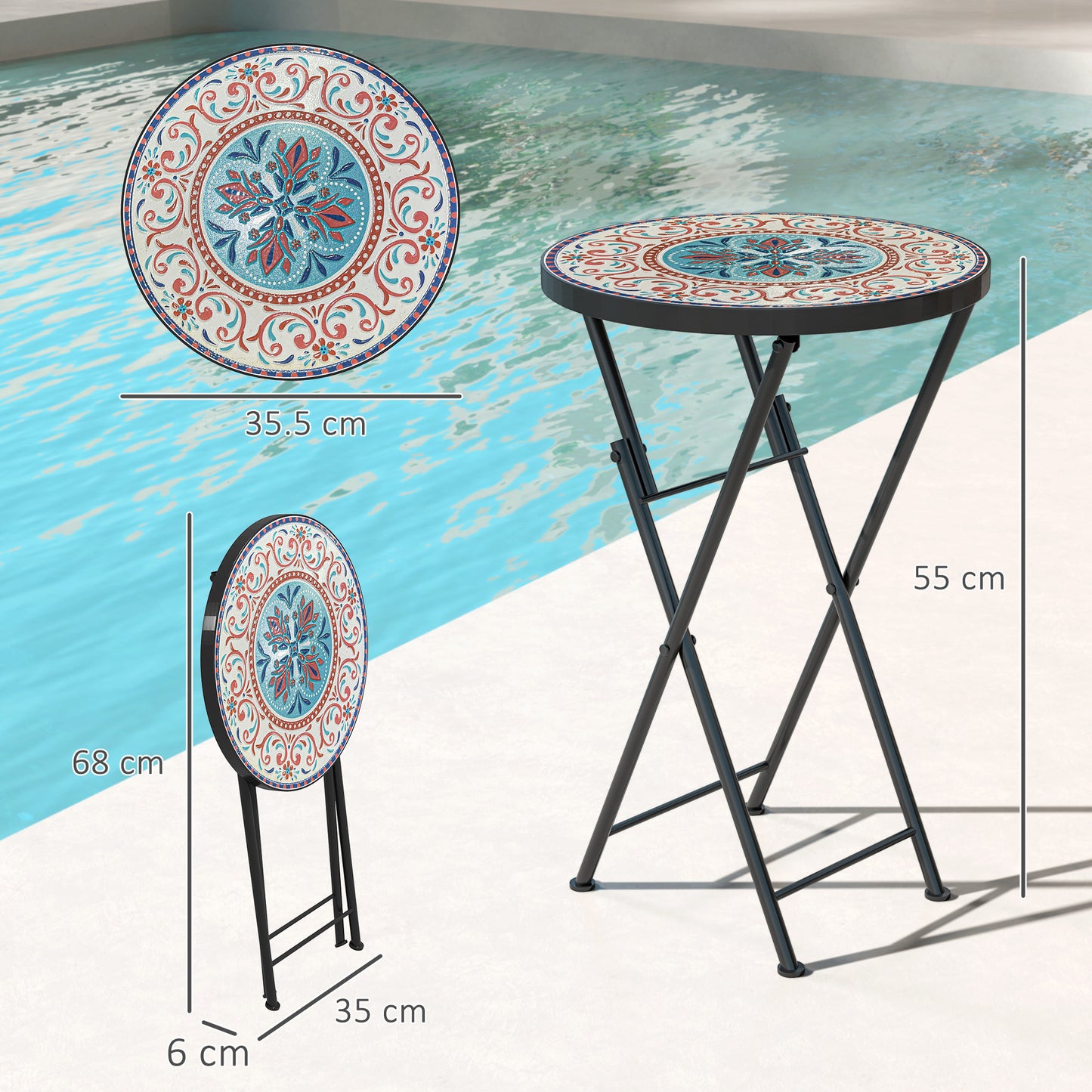 Mosaic Outdoor Garden Table, 35.5cm Round Folding Coffee Table with Metal Frame for Balcony Terrace, Multicolour