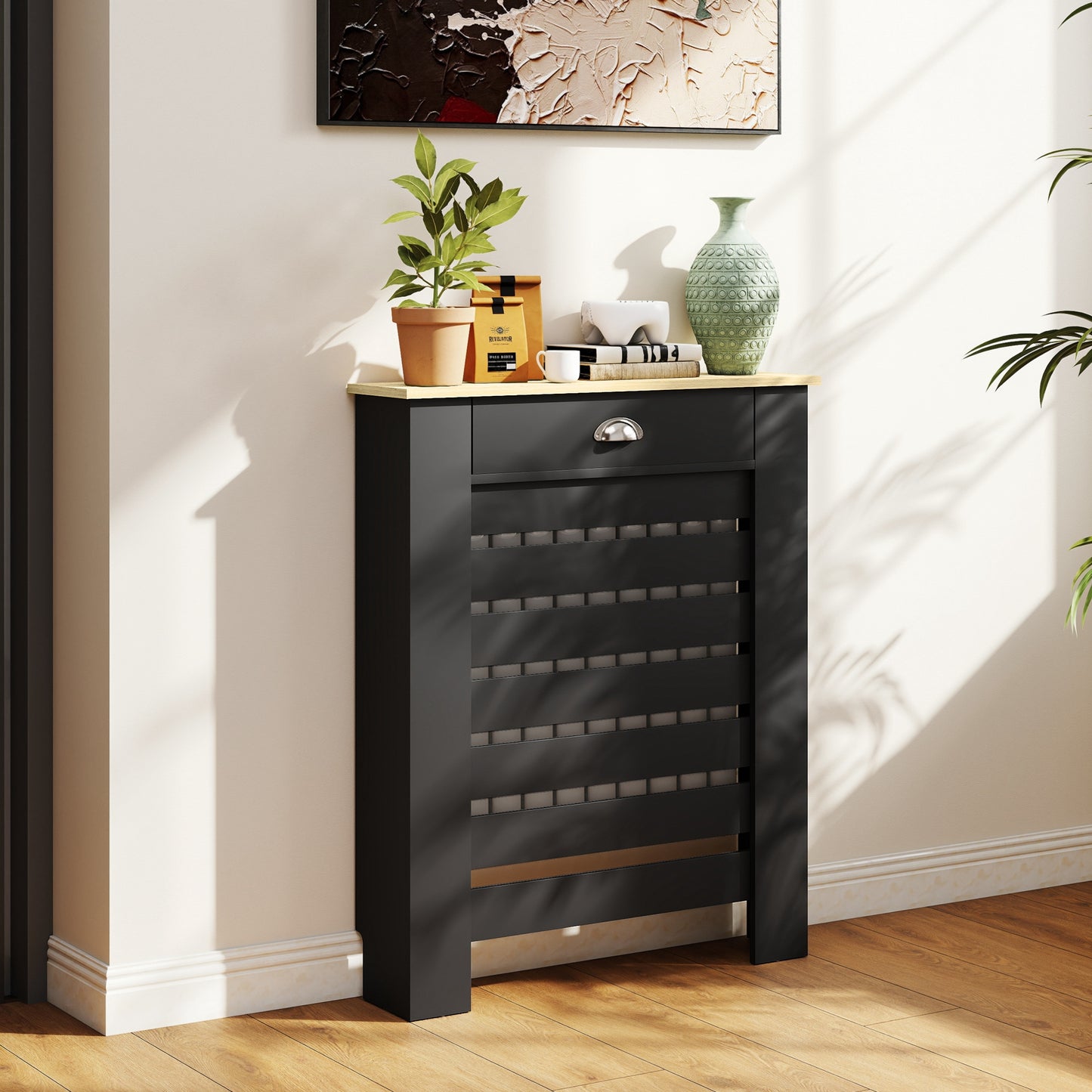95.5H x 78Wcm Radiator Cover, with Drawer - Black
