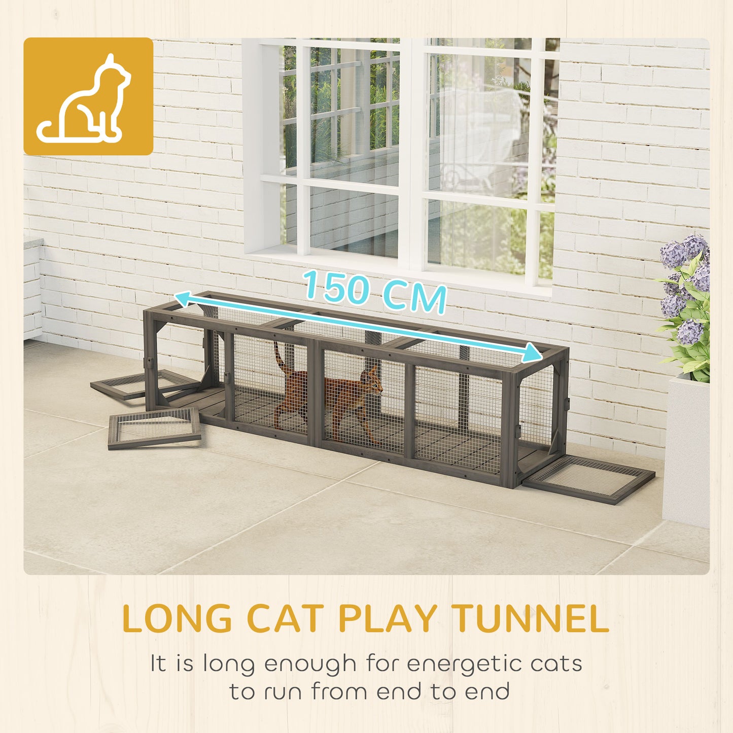 Outdoor Cat Tunnel, Wooden Play Cat Enclosure, Extendable Pet Run with 3 Doors, for Indoor and Outdoor Use, Grey