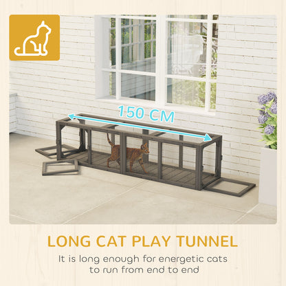Outdoor Cat Tunnel, Wooden Play Cat Enclosure, Extendable Pet Run with 3 Doors, for Indoor and Outdoor Use, Grey