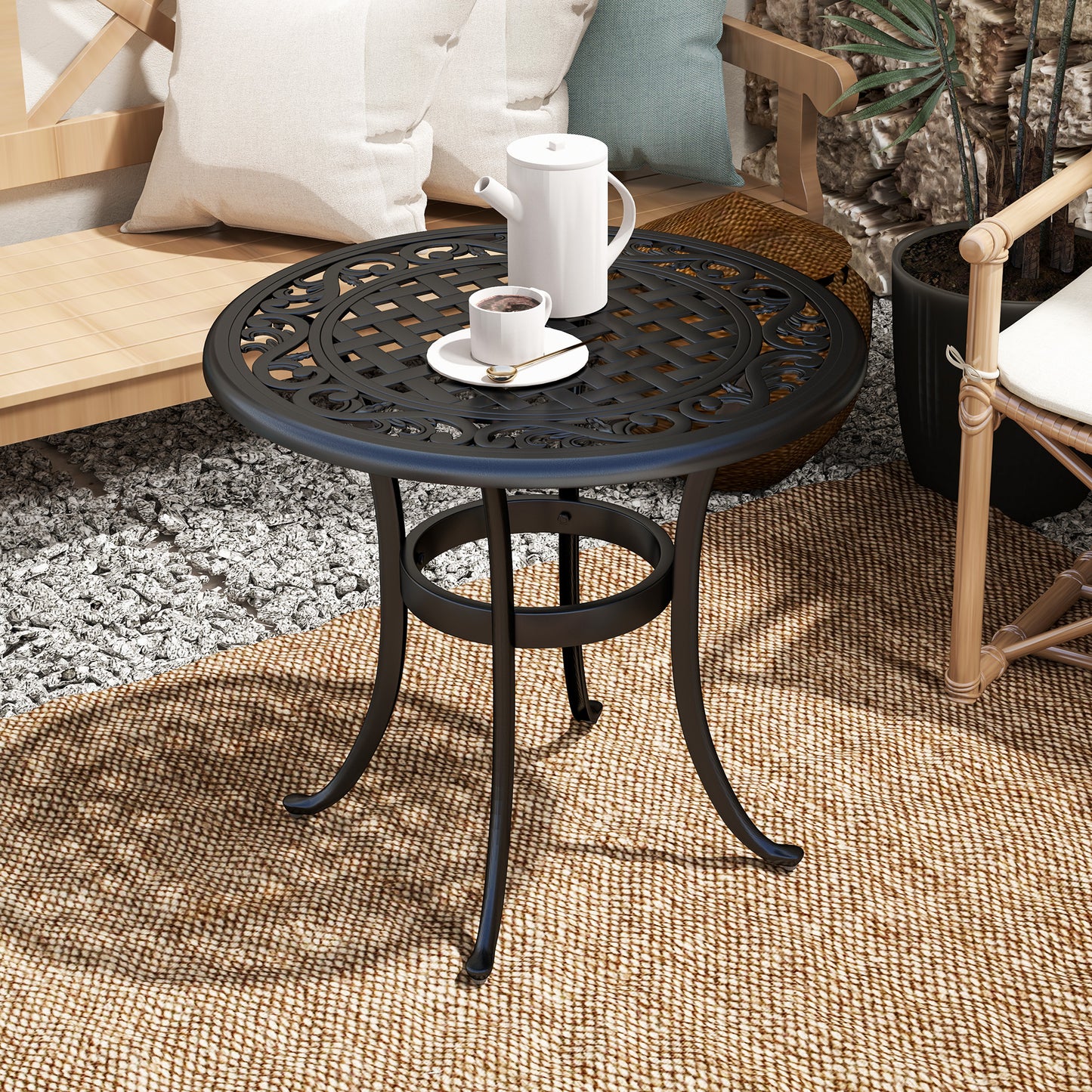 Outdoor Garden Table, Cast Aluminium Patio End Table with Anti-slip Foot Pads for Garden, Patio, Balcony, 60 x 60 cm, Black