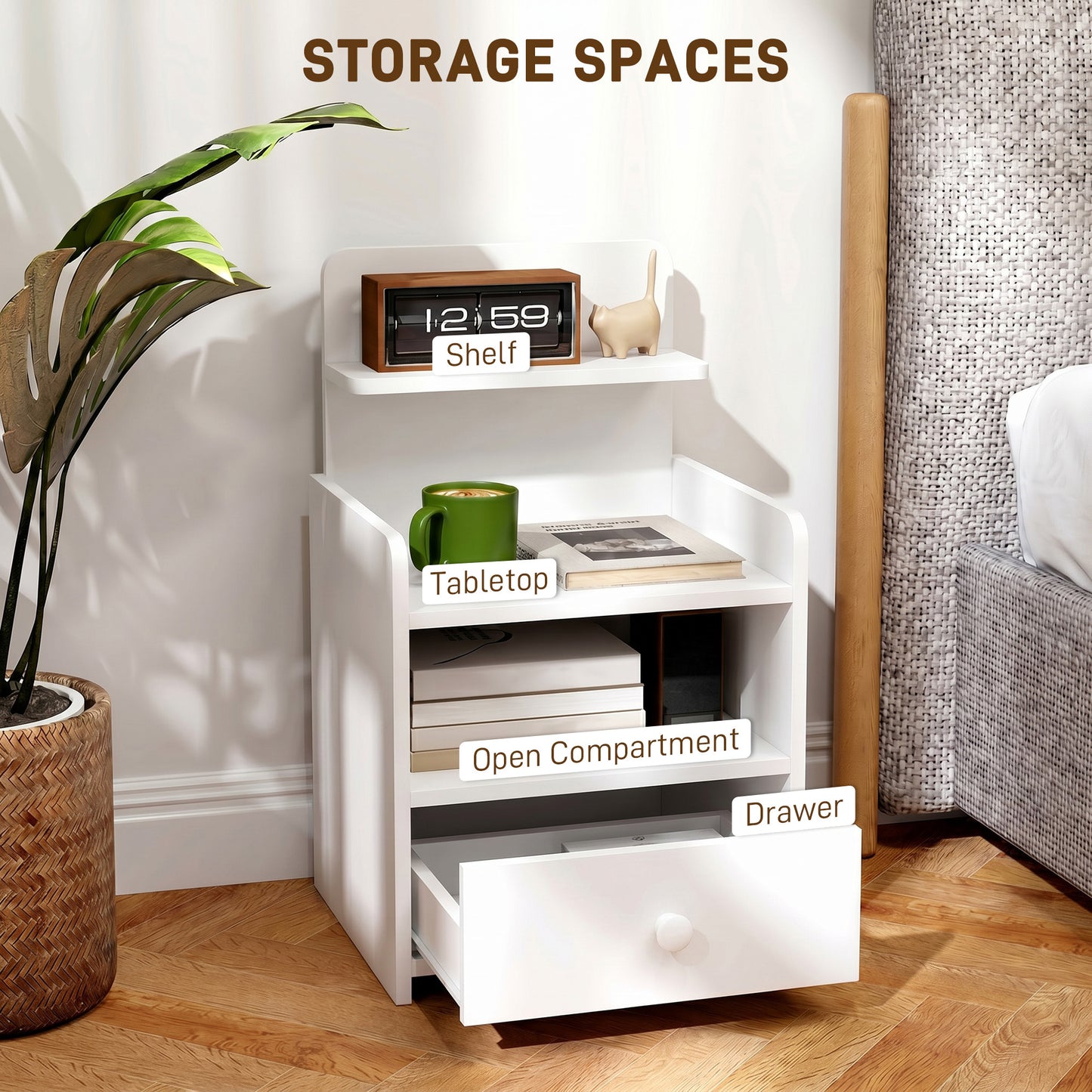 Bedside Cabinet, Bedside Table with Drawer and Shelf for Living Room, White