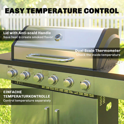 6 Burner Liquid Propane Gas BBQ Grill, Outdoor Portable Gas Barbecue Grill with Warming Rack, Side Tables, Cabinet