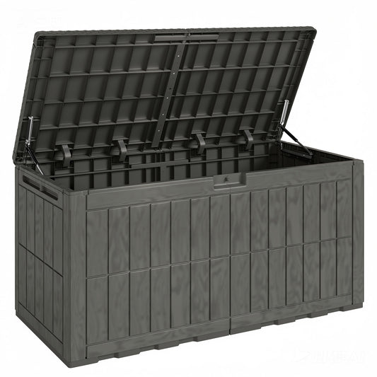 440L Garden Storage Box, Waterproof & UV Resistant Resin Deck Box with Lockable Lid, Pneumatic Gas Rods, Side Handles