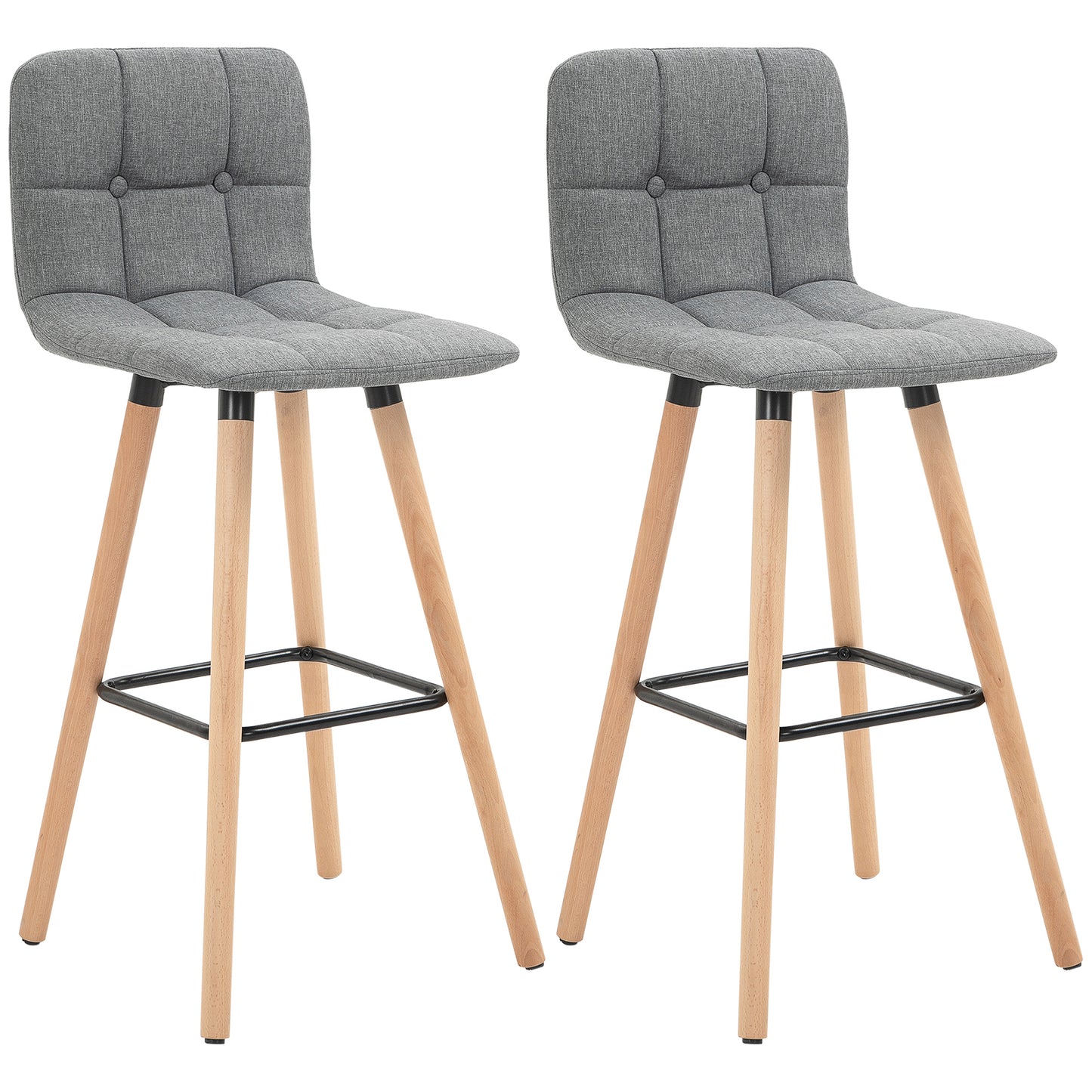 Breakfast Bar Stool Set of 2 Armless Button-Tufted Counter Height Bar Chairs with Wood Legs & Footrest, Grey