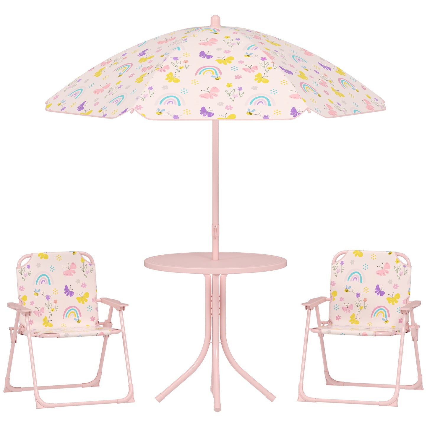 4-Piece Kids Garden Table and Chair Set with Adjustable Parasol, Folding Chairs, Table, Rainbow Pattern, Pink