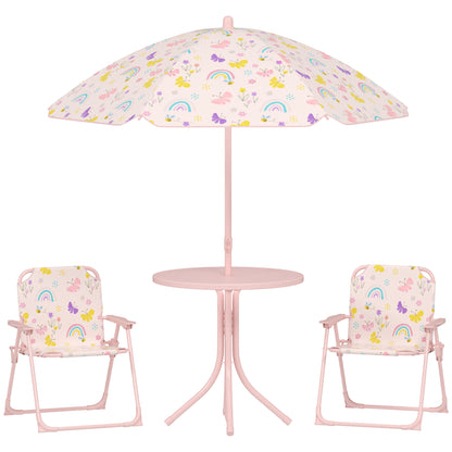 4-Piece Kids Garden Table and Chair Set with Adjustable Parasol, Folding Chairs, Table, Rainbow Pattern, Pink