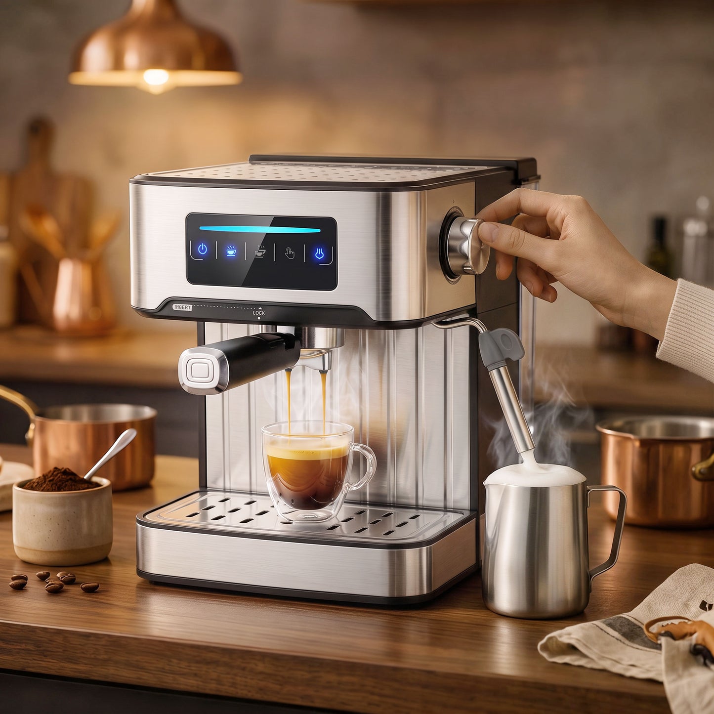 Espresso Machine, 20-Bar Cappuccino Coffee Maker with Frother Wand, 1.6L Tank, Single/Double/Manual Shot, LED Touch