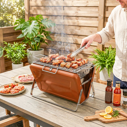 Charcoal BBQ Grill Portable Stainless Steel Barbecue with Tilting Grate for Camping Picnic Garden Orange