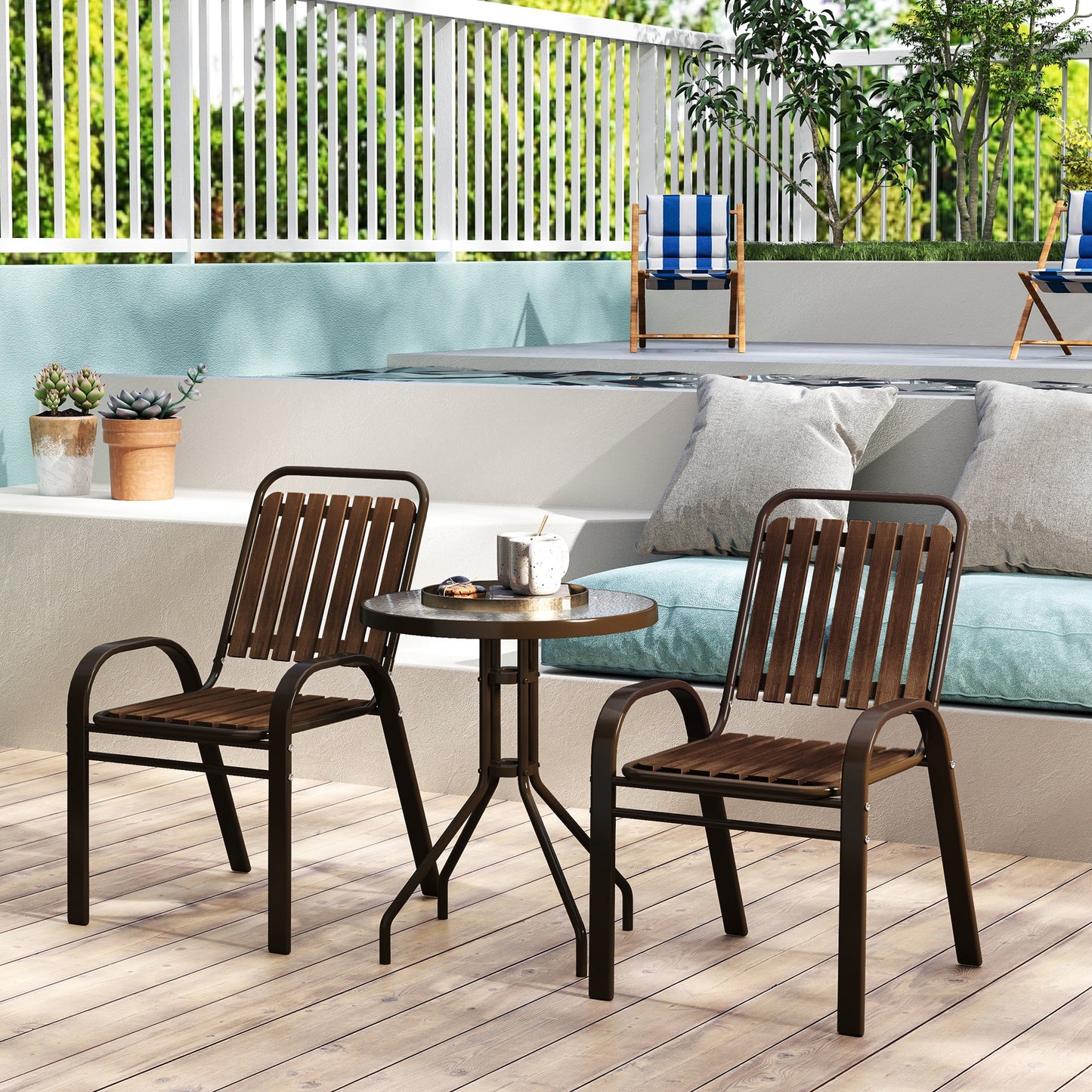 3 Pieces Patio Bistro Set with Stackable Chairs, Tempered Glass Table, for Outdoor, Balcony, Patio, Garden, Dark Brown