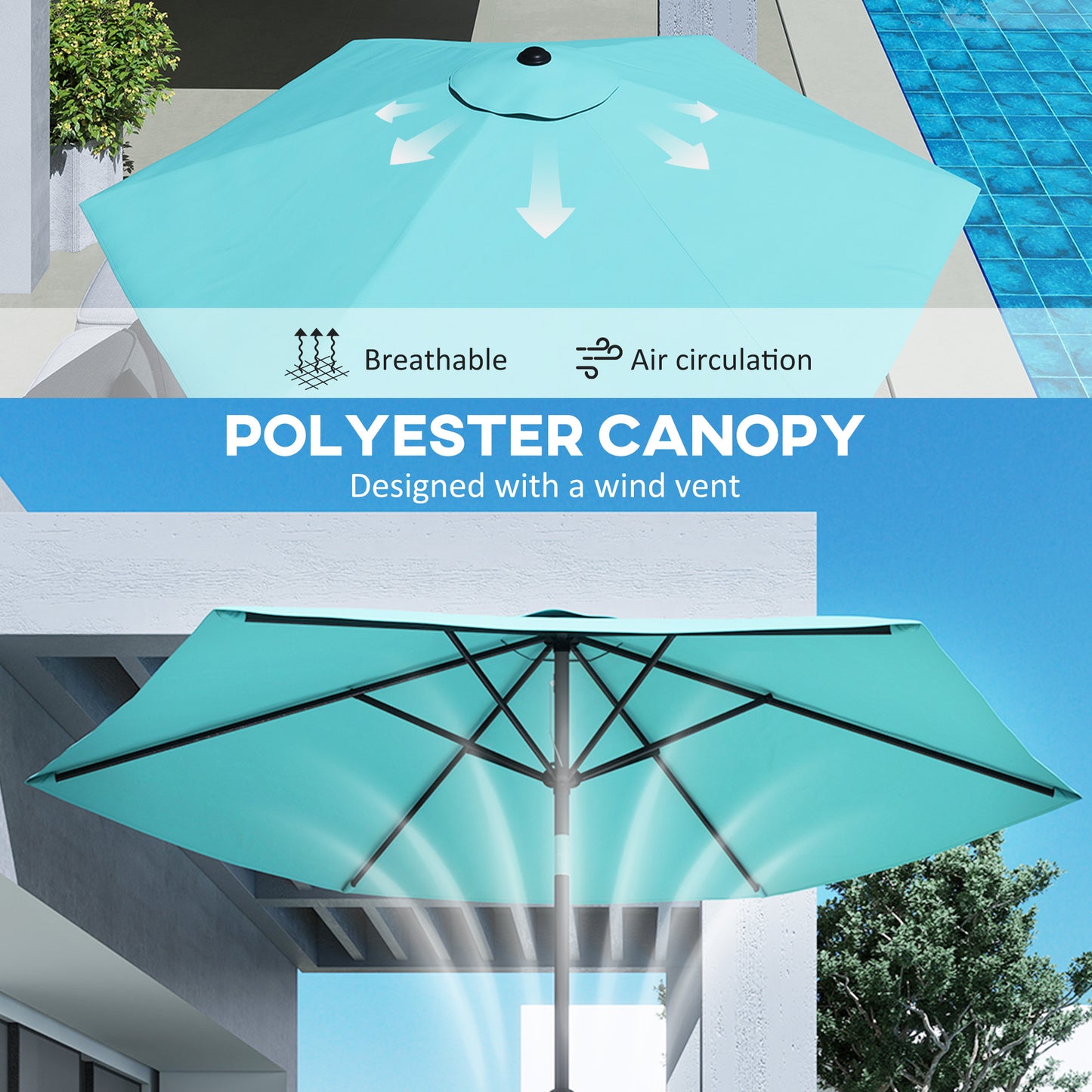 2.6 m Garden Parasol Umbrella with Aluminium Pole, Outdoor Patio Umbrella with Tilt and Crank, Vent, Turquoise