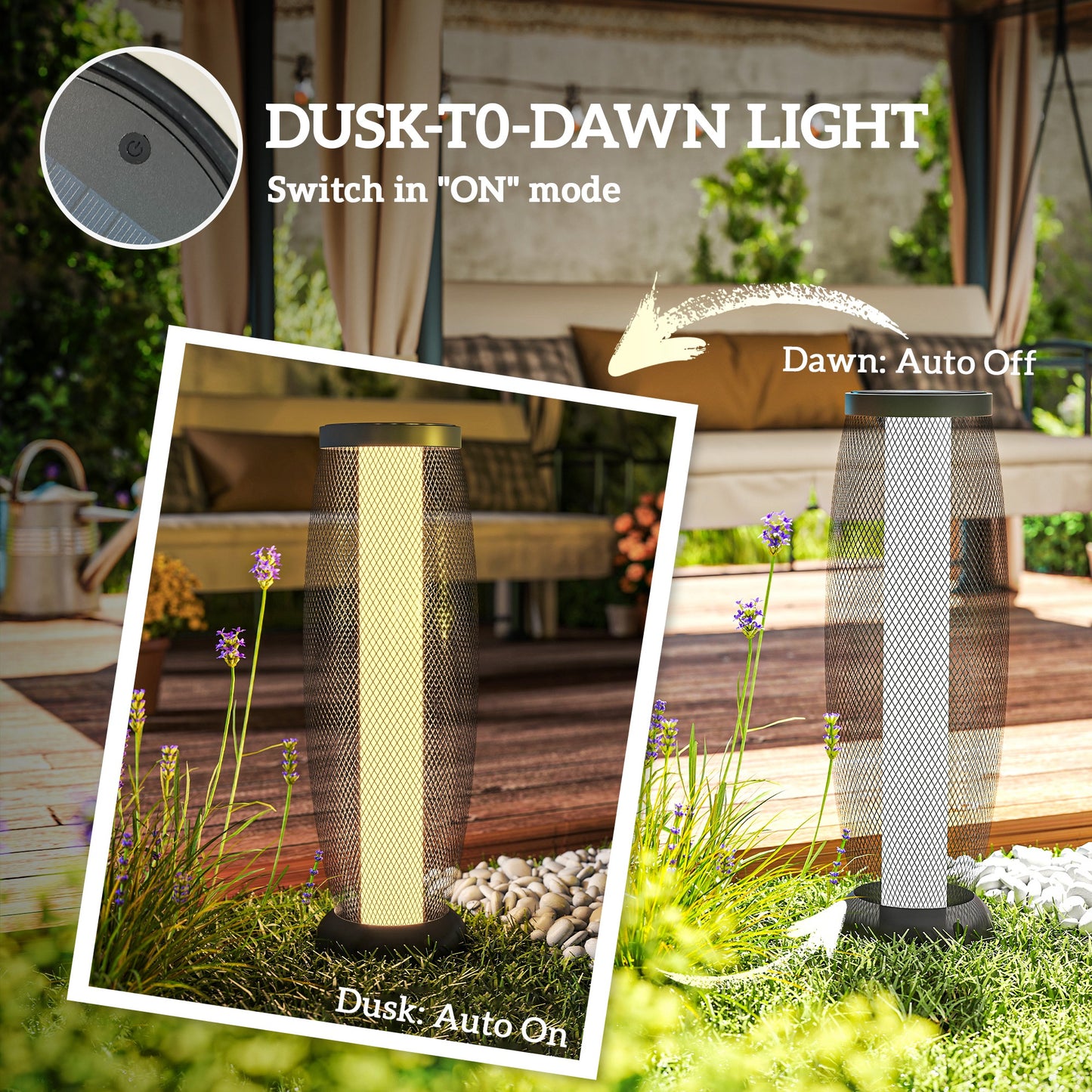 Garden Solar Lamp, 71.5 cm Tall Metal Floor Lamp, Auto On/Off LED Solar Garden Light with Metal Wire Shade, IP44 for Outdoor