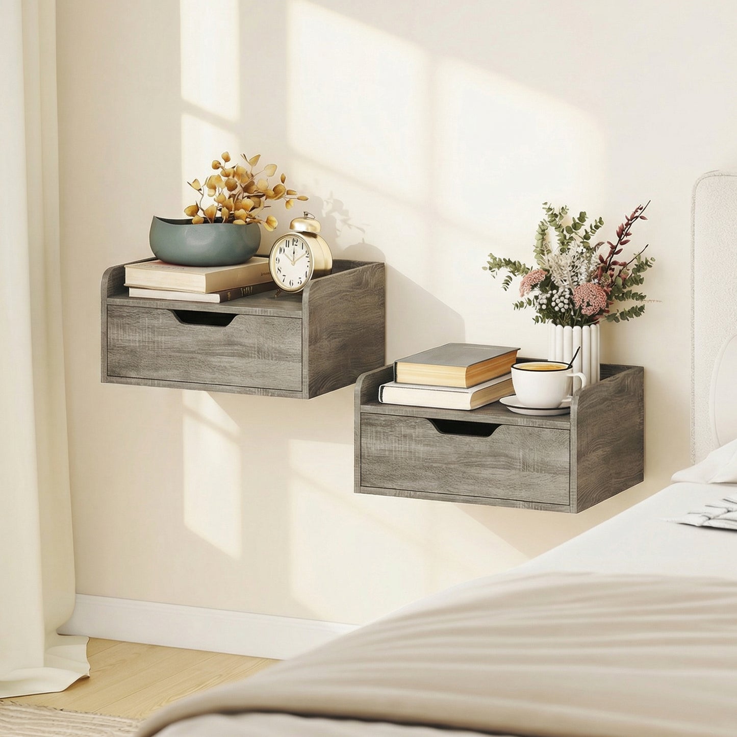 Floating Nightstands Set of 2, Wall Mounted Bedside Table with Drawer for Bedroom, Grey Wood Effect