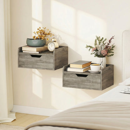 Floating Nightstands Set of 2, Wall Mounted Bedside Table with Drawer for Bedroom, Grey Wood Effect