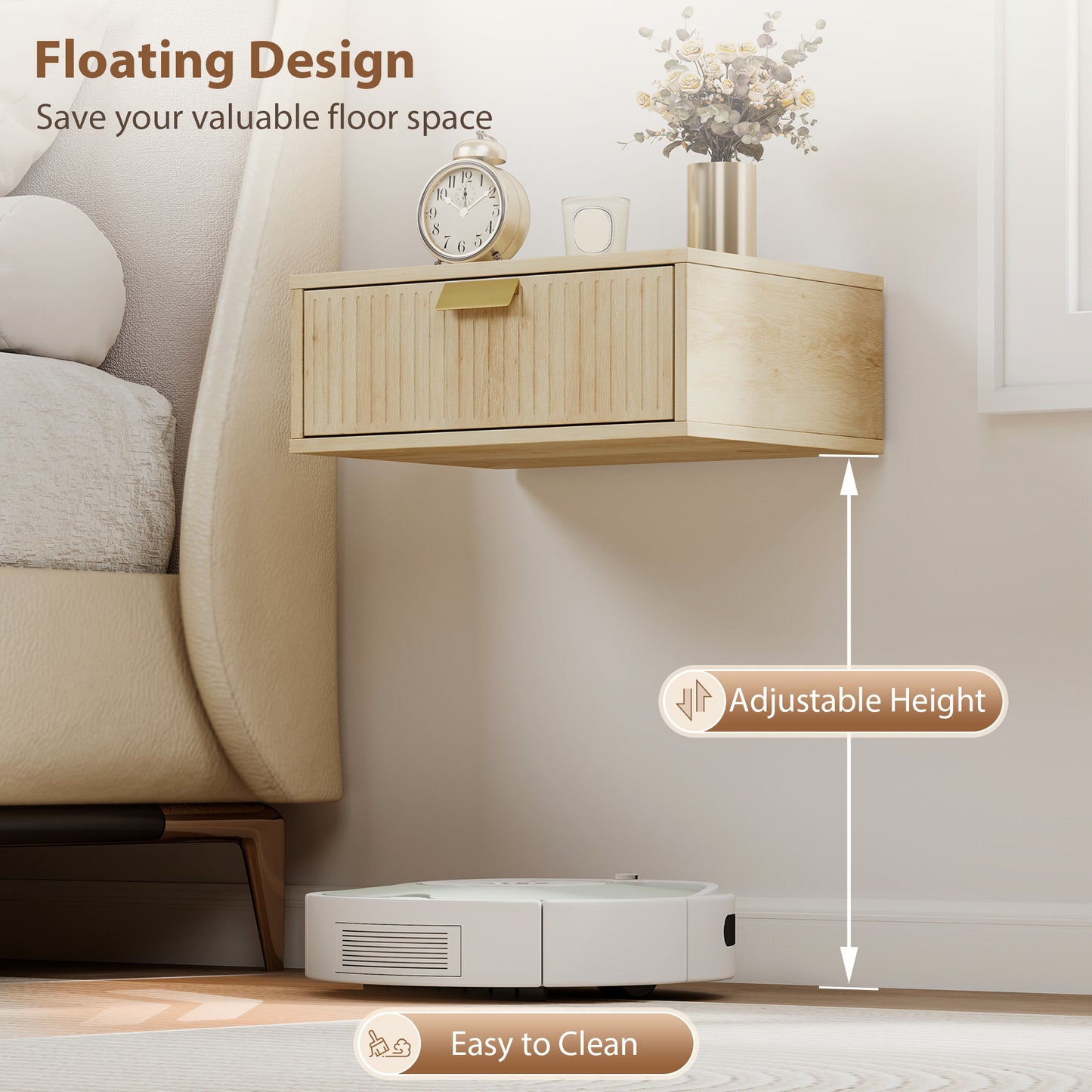 Modern Floating Nightstands Set of 2, Wall Mounted Bedside Tables with Wave Drawer Oak