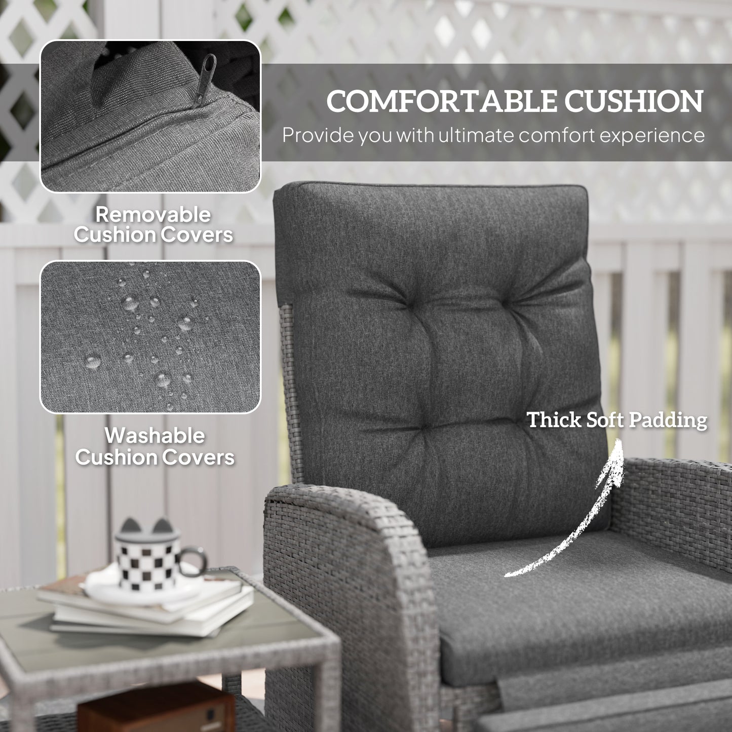 2 Seater Patio Rattan Wicker No Installation Chaise Lounge Sofa Set w/ Cushion for Patio Garden Porch, Grey