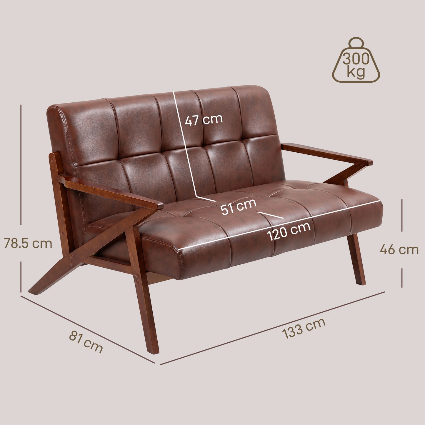 Compact 2 Seater Sofa, Vintage Tufted Loveseat Sofa with Solid Wood Legs, PU Leather Small Couch Settee for Living Room