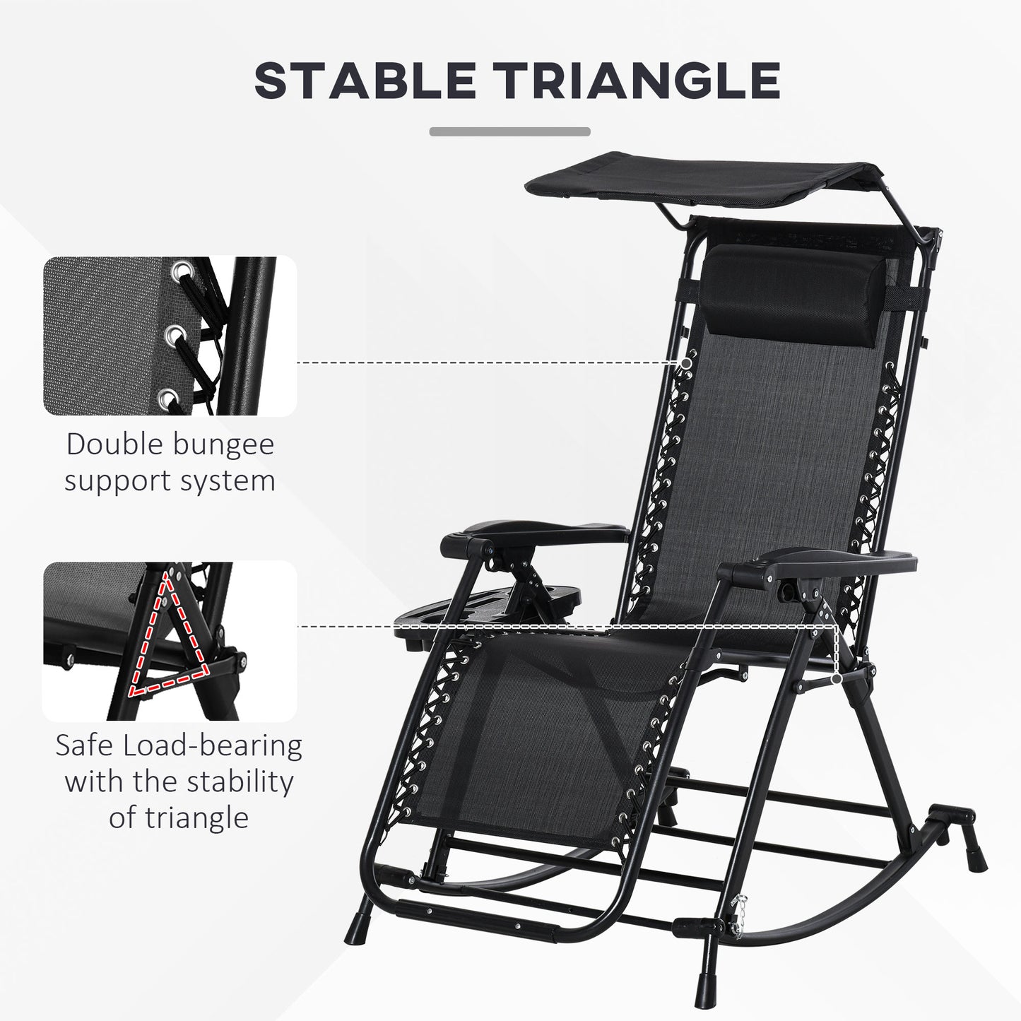 Garden Rocking Chair Folding Recliner Outdoor Adjustable Sun Lounger Rocker Zero-Gravity Seat with Headrest Side Holder Patio