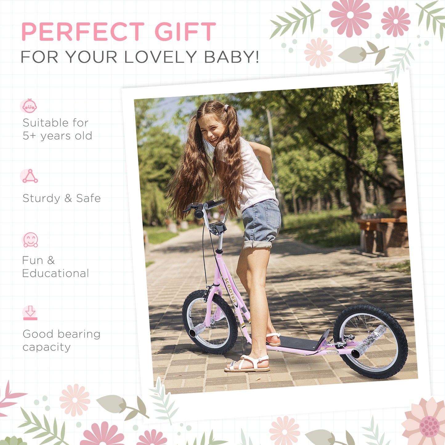 Stunt Scooter, Kids Scooter with 16" Big Wheels, Adjustable Height, Dual Brakes, for Ages 5+ Years, Pink
