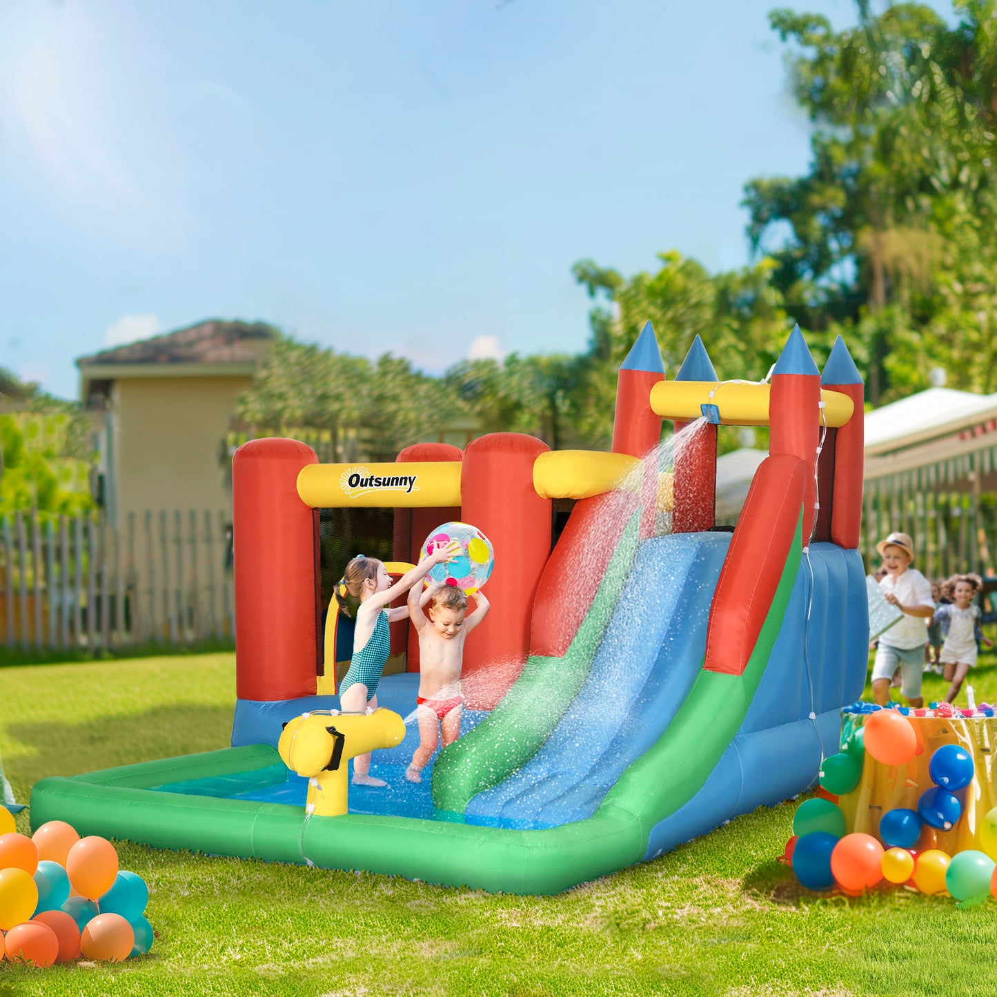 Kids Inflatable Bouncy Castle Water Slide 5 in 1 Bounce House Jumping Castle Water Pool Gun Climbing Wall