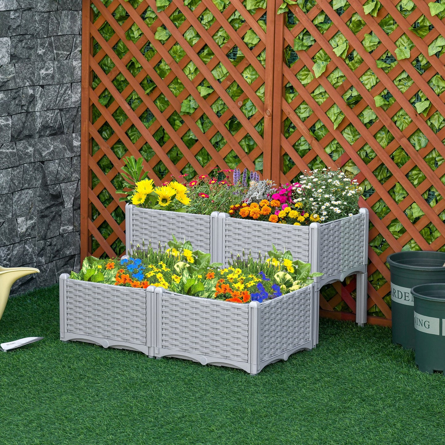 Set of 4 26L Garden Raised Bed Elevated Patio Flower Plant Planter Box PP Vegetables Planting Container, Grey