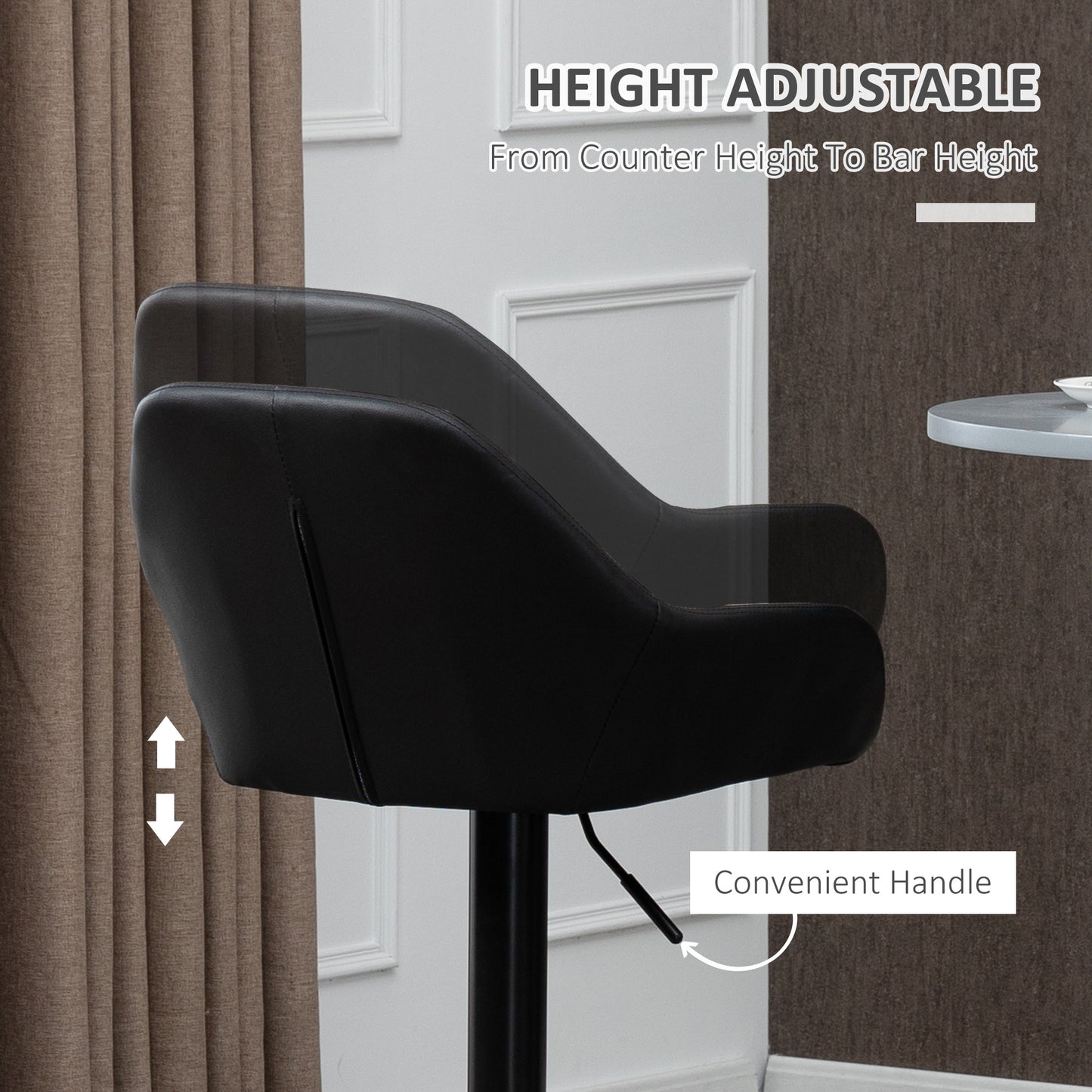 Adjustable Bar Stools Set of 2, Swivel PU Leather Barstools with Backrest & Footrest, Black