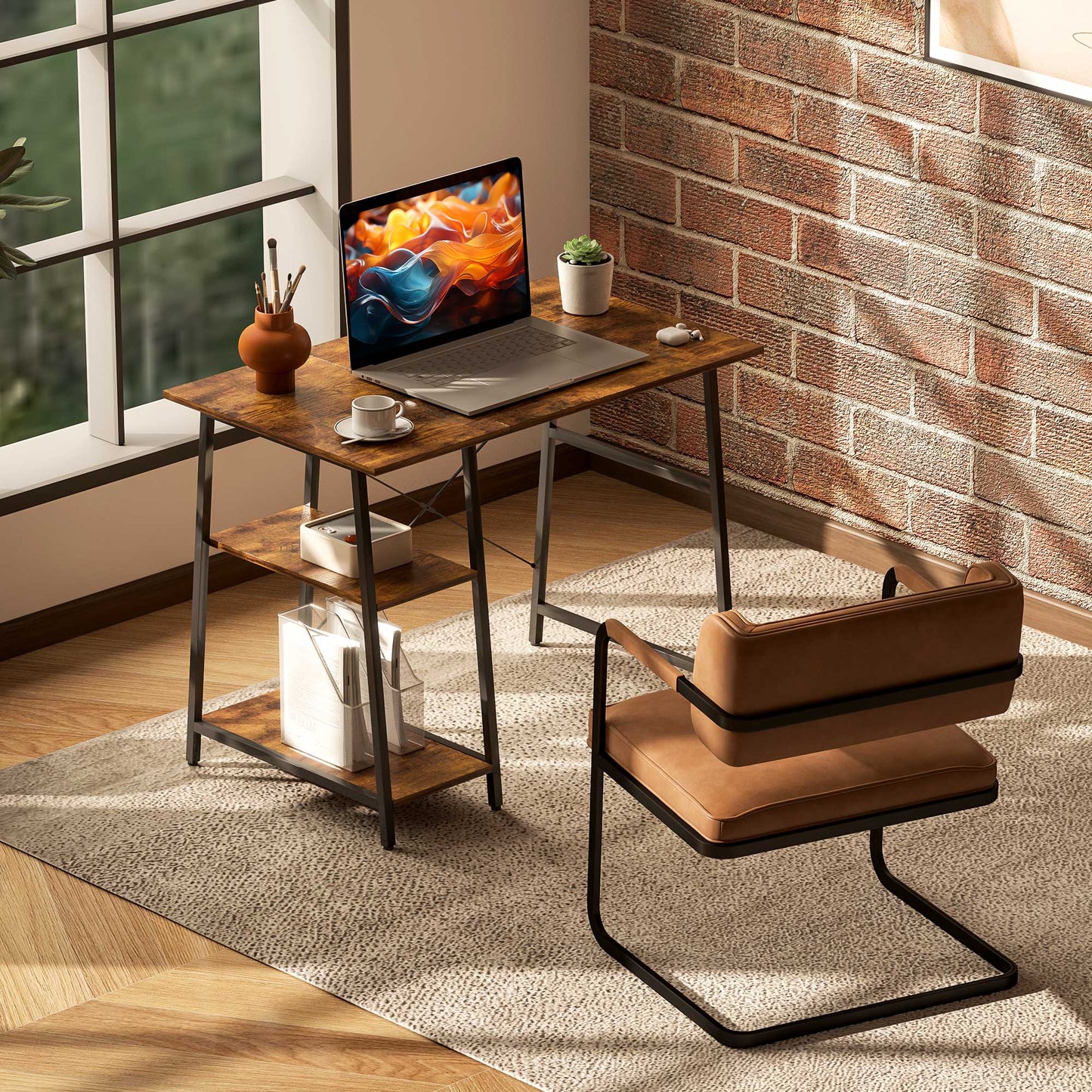 Industrial-Style Work Desk, with Shelves - Brown/Black