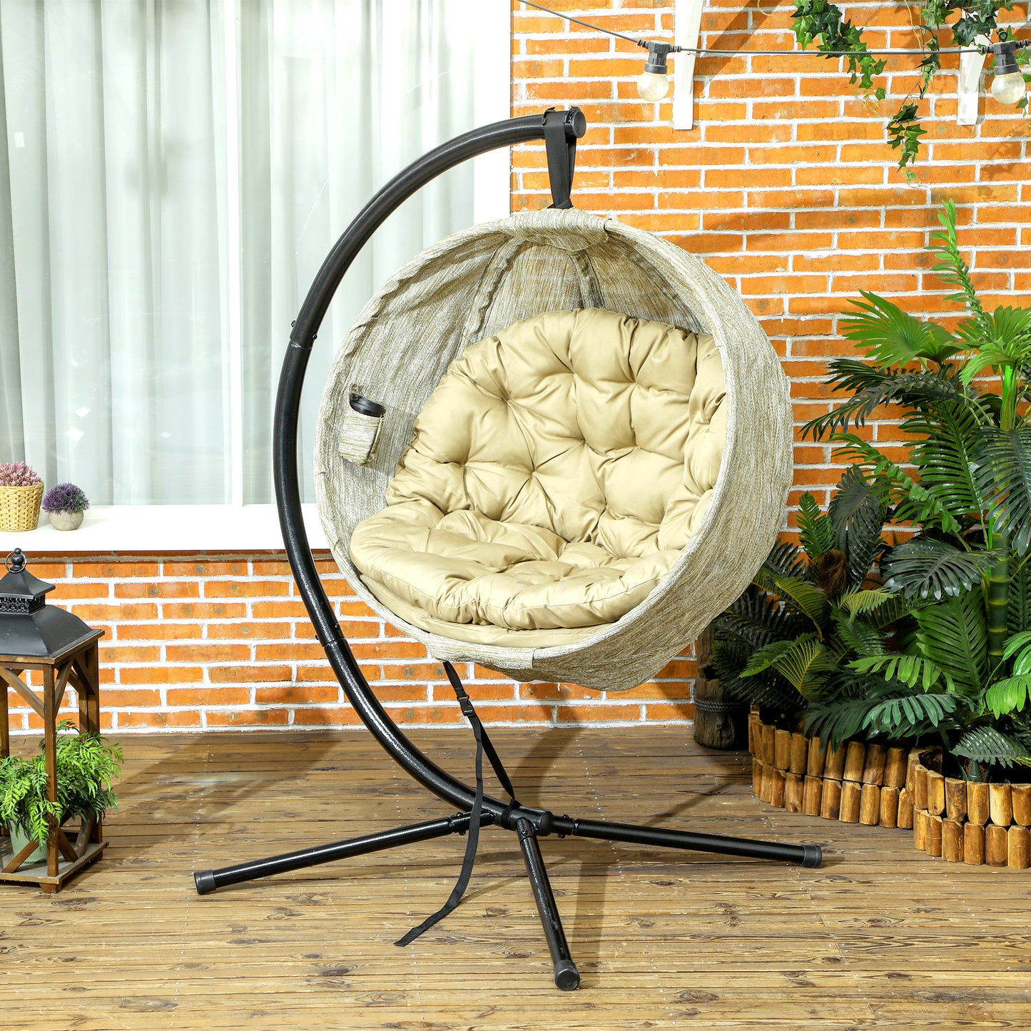Hanging Egg Chair Outdoor Indoor Garden Swing Chair with Folding Basket, Thickened Cushion, Cup Holder for Patio, Balcony