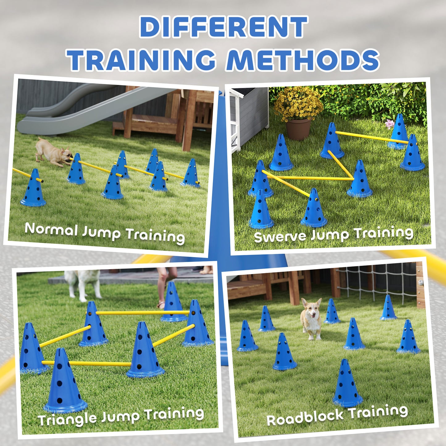 Dog Agility Equipment Set of Eight Cones, Eight Poles w/ Carry Bag, Four-Piece Adjustable Height Jumping Obstacles Blue