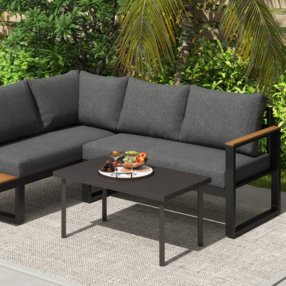 Metal Garden Coffee Table, Rectangular Outdoor Side Table with Woodgrain Tabletop, Foot Pads for Outside, Garden, Balcony
