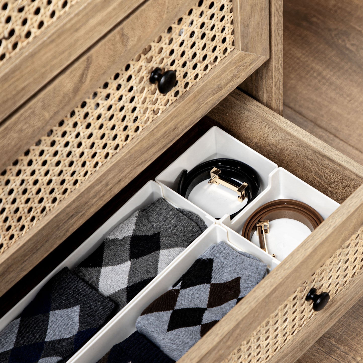 Storage Cabinet, 4-Drawer Unit with Rattan Element for Bedroom, Living Room, 80cmx35cmx95cm, Wood Effect