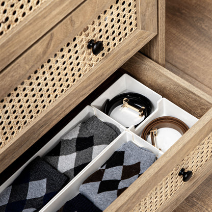 Storage Cabinet, 4-Drawer Unit with Rattan Element for Bedroom, Living Room, 80cmx35cmx95cm, Wood Effect
