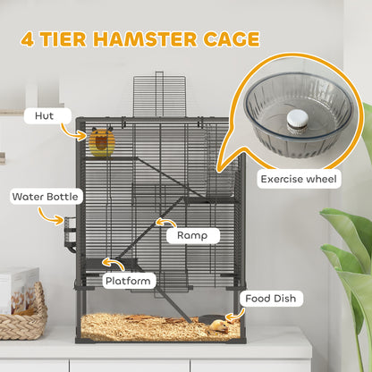 Four-Tier Hamster Cage with Deep Tempered Glass Bottom, Hut, Running Wheel, Food Dish, Water Bottle, 60 x 40 x 80cm