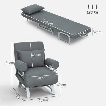 Single Sofa Bed, 3-in-1 Convertible Folding Chair Bed with Adjustable Backrest, Removable Armrests, Dark Grey