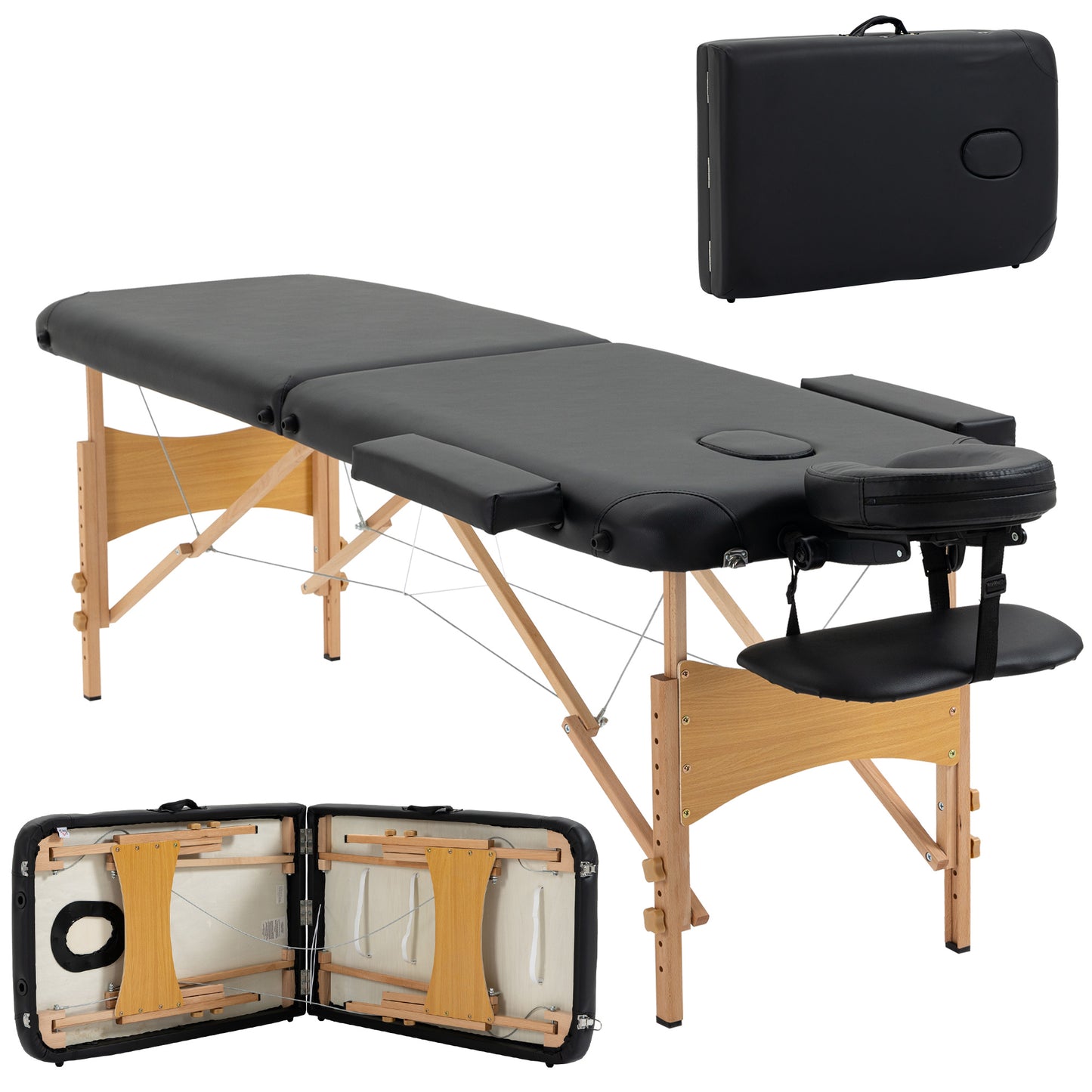 Portable Massage Bed, Folding Spa Beauty Massage Table with 2 Sections, Carry Bag and Wooden Frame, Black