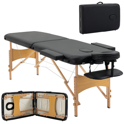 Portable Massage Bed, Folding Spa Beauty Massage Table with 2 Sections, Carry Bag and Wooden Frame, Black