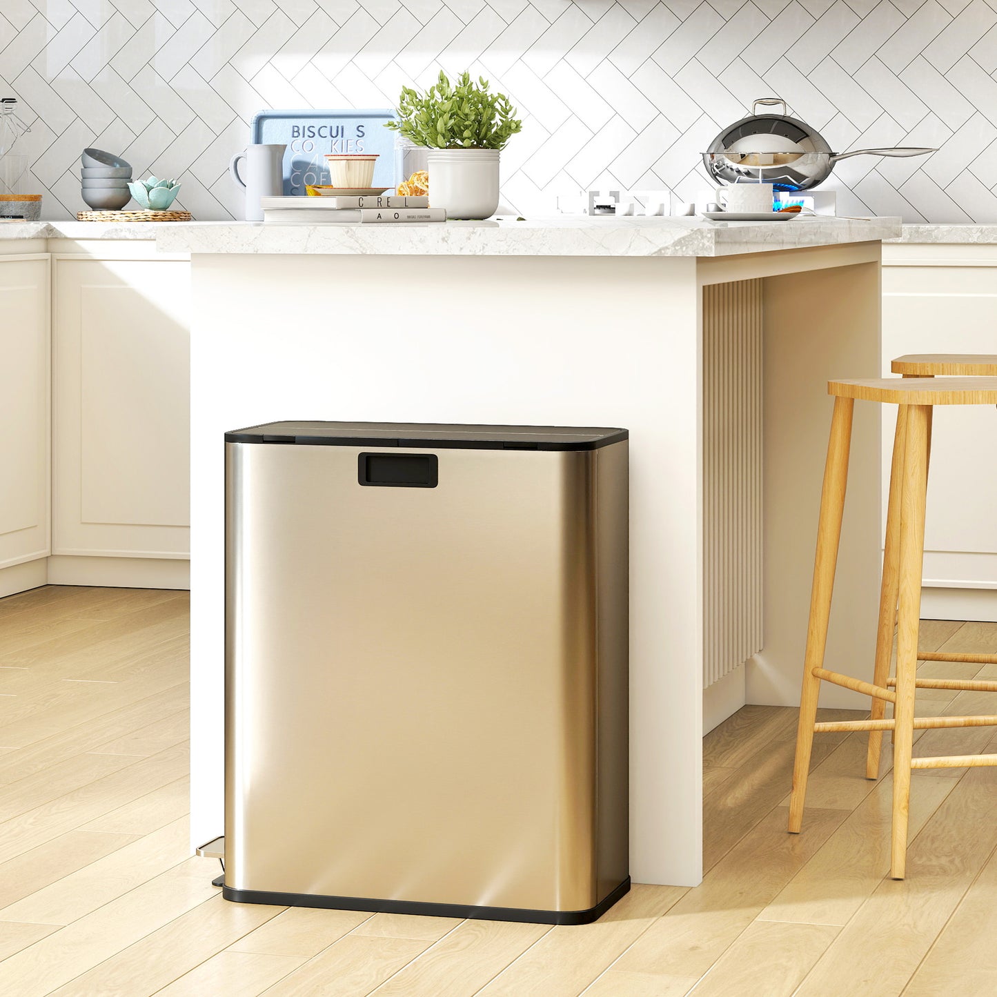 Dual Kitchen Bin with Soft-Close Butterfly Lid, 2 x 28L Stainless Steel Pedal Bin with Removable Inner Buckets