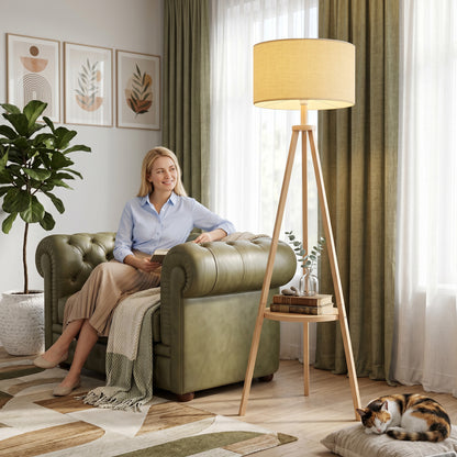 Bedside Light, Tripod Floor Lamp with Storage Shelf and Linen Shade for Living Room, 160cm, Natural Wood Colour