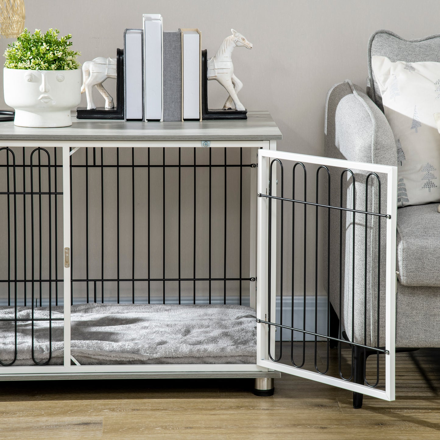 Indoor Dog Crate Furniture, Side End Table, with Soft Washable Cushion, Lockable Doors, for Small and Medium Dogs