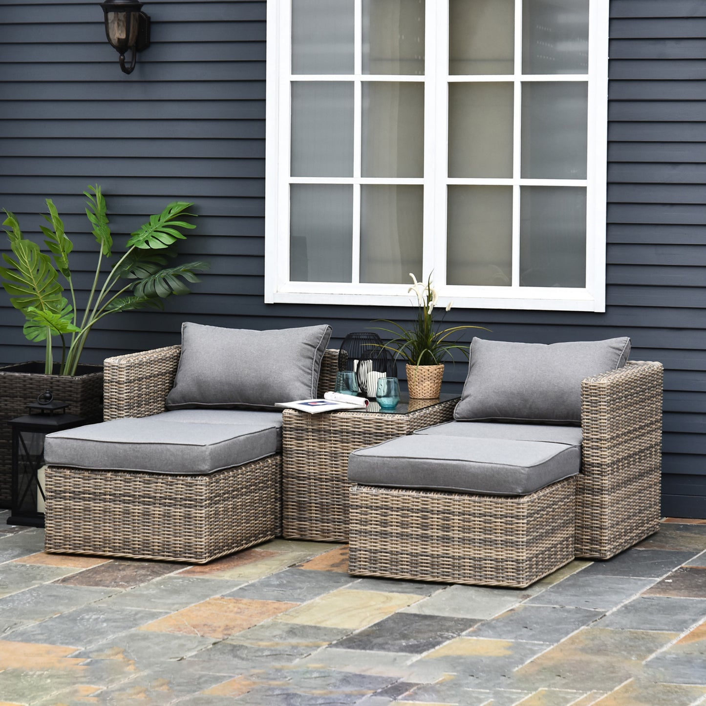 5 Piece Rattan Garden Furniture Set w/ 10cm Thick Cushions