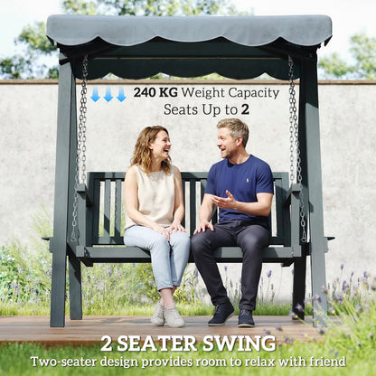 2 Seater Garden Swing Seat with Canopy, Wooden Swing Chair, Outdoor Hammock Bench for Balcony Patio Porch, Grey